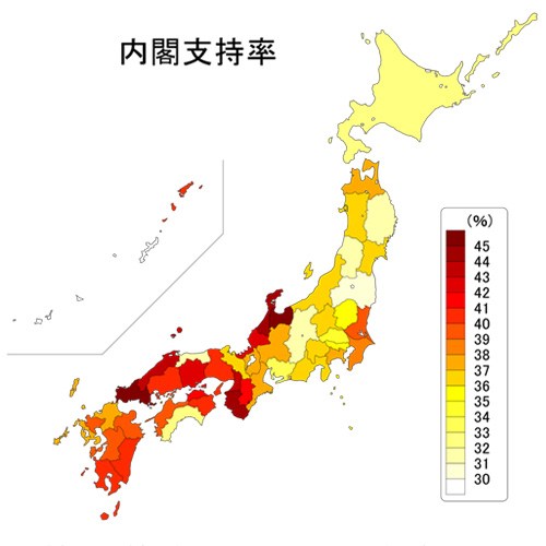 『武器としての世論調査』参考画像１：内閣支持率の全国分布